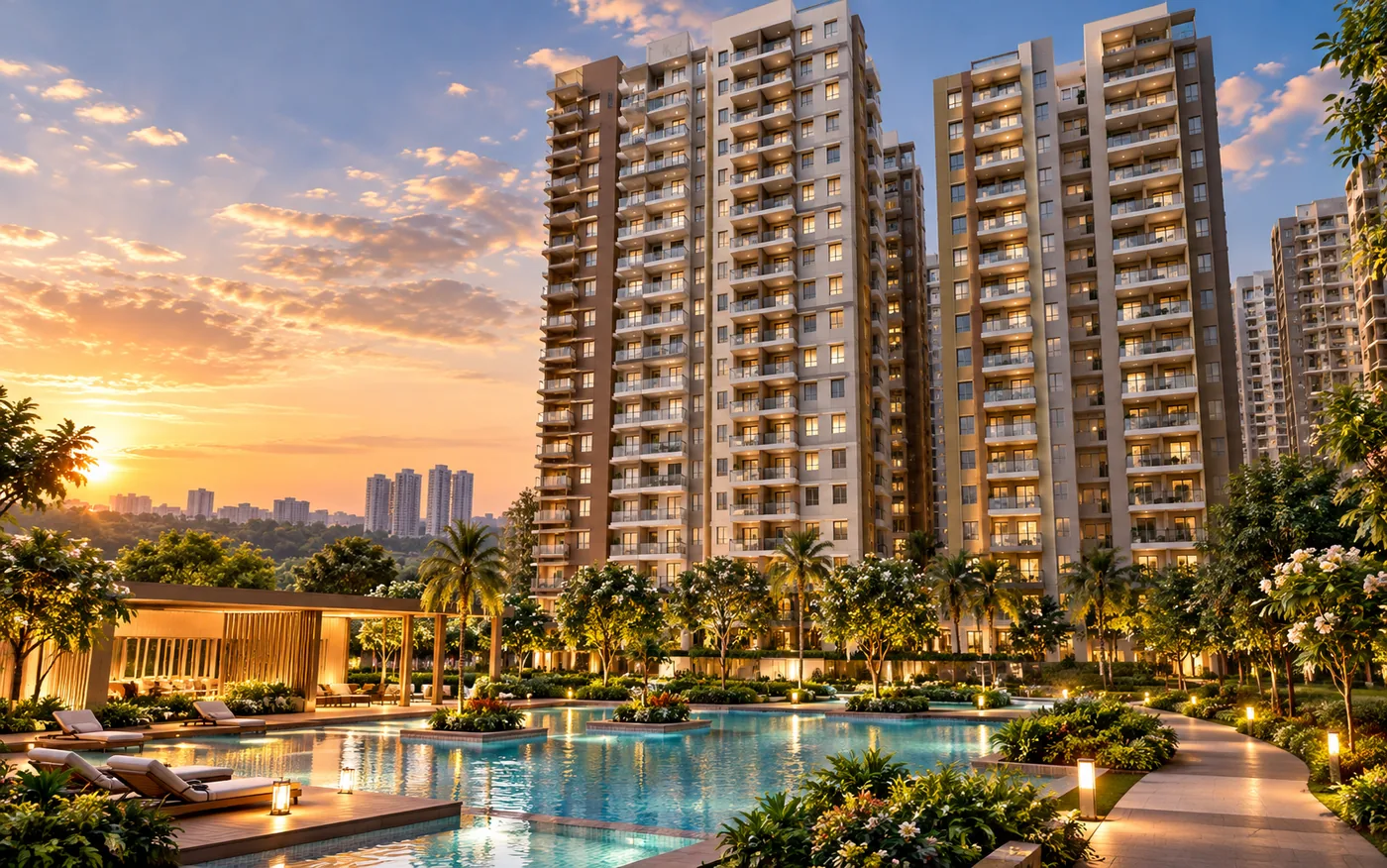 Towers and landscaped pool