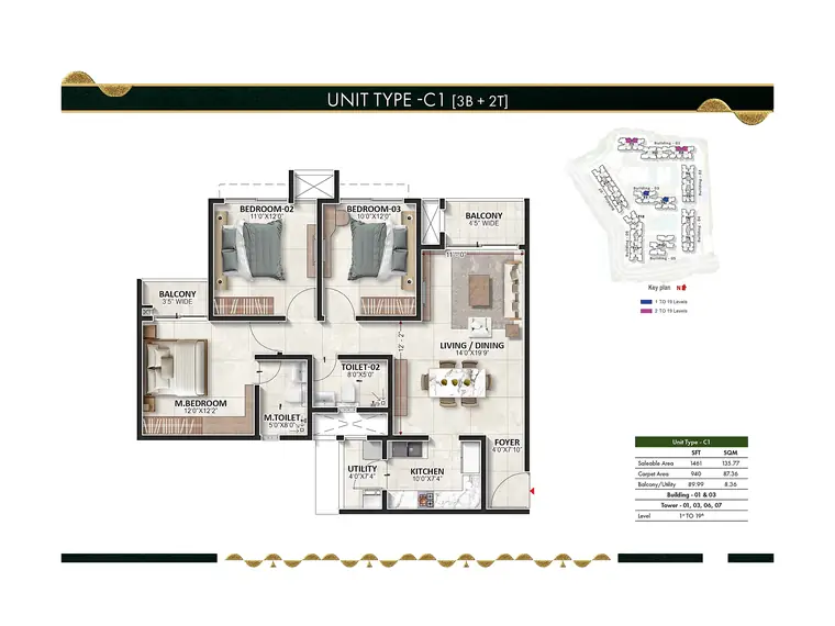 3 BHK floor plan (indicative)