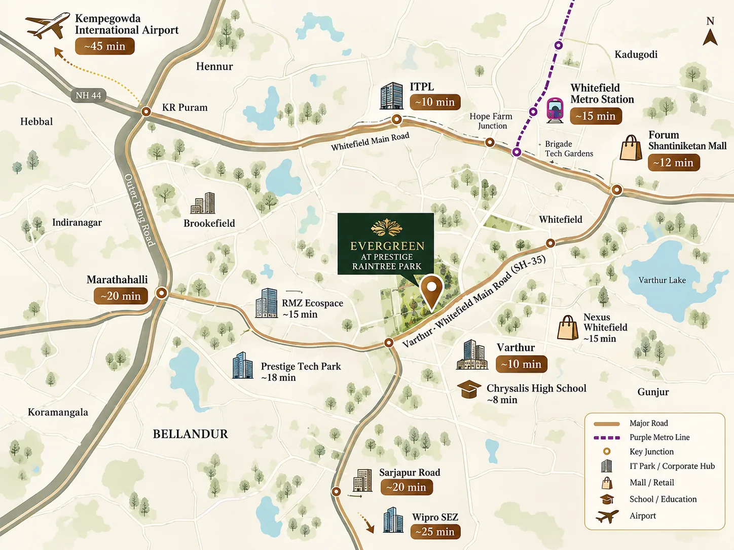Prestige Evergreen connectivity map — Varthur, Whitefield Main Road (SH-35)
